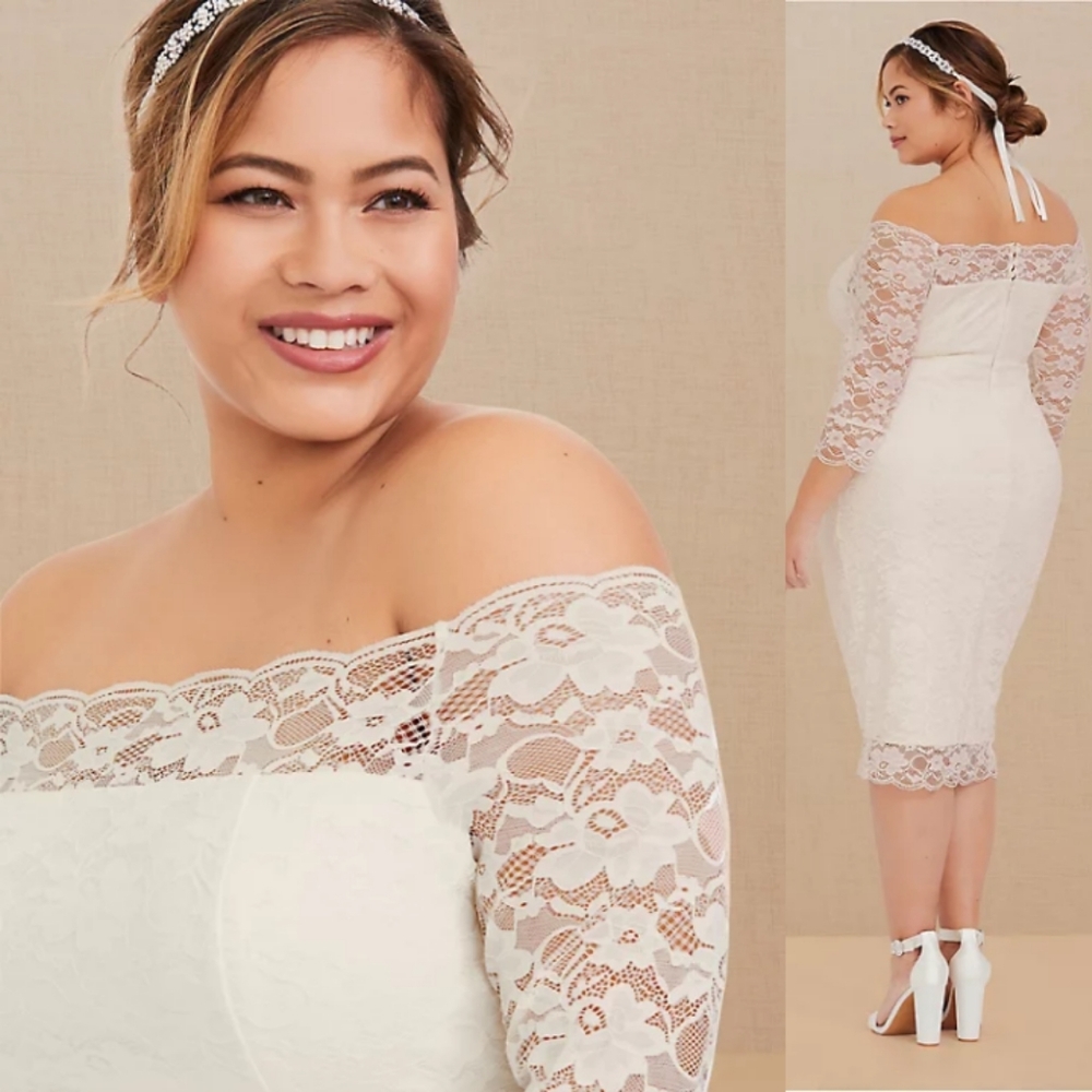 Torrid SPECIAL OCCASION IVORY LACE OFF SHOULDER BODYCON DRESS - Picture 5 of 8